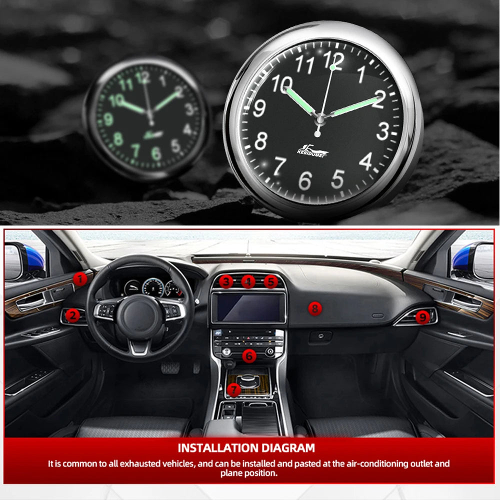 Luminous Stick-On Car Clock – Mini Quartz Digital Dashboard Watch, Glow-in-the-Dark Auto Interior Time Ornament & Car Accessory Gift