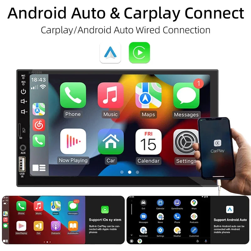 1DIN 7" HD Car Radio – CarPlay Android Auto Multimedia Player with Touchscreen, FM, AUX, Bluetooth & MirrorLink Universal Autoradio