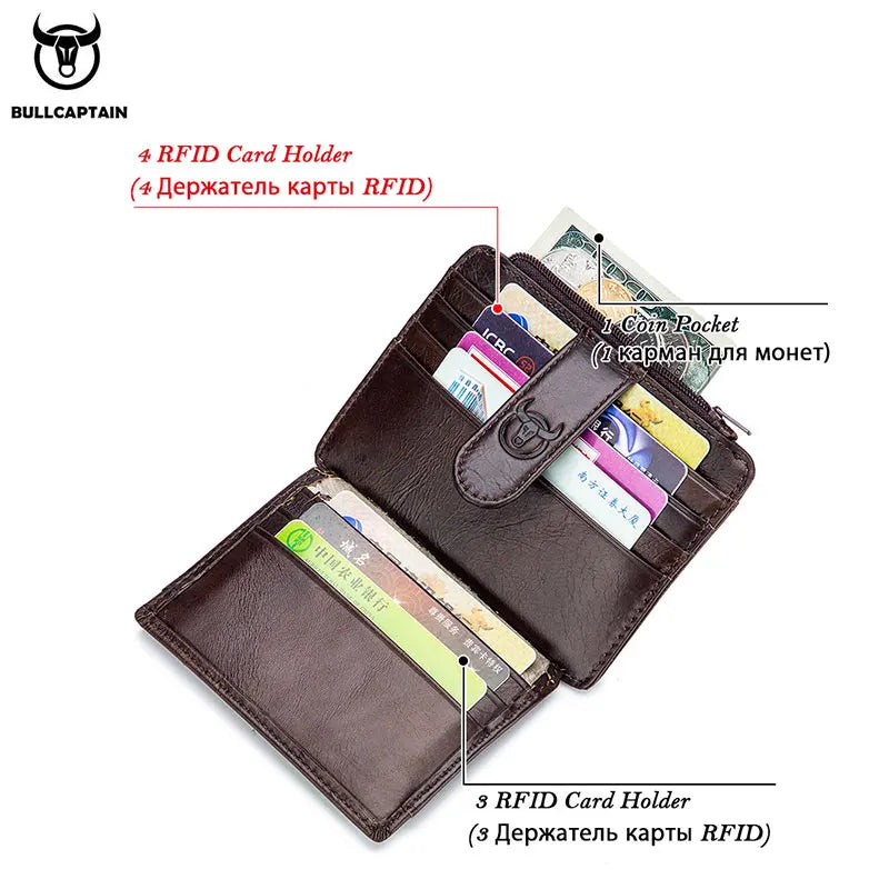 BULLCAPTAIN Genuine Leather RFID Zipper Card Holder – Slim Mini Wallet for Credit Cards & ID, Men’s Business Wallet
