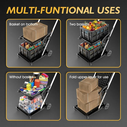 2-Tier Folding Shopping Cart — Mobile Grocery Trolley with Dual Baskets & Brake Wheels