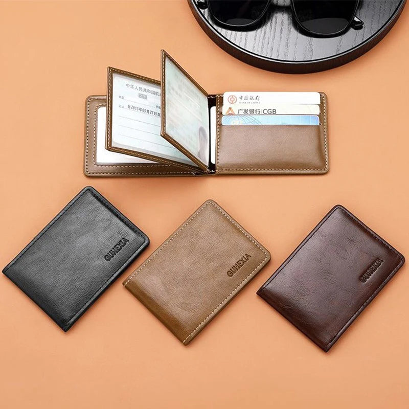 Retro Leather Driver’s License Wallet – Ultra-Thin Men’s ID Card Holder with Coin Purse, Multifunctional Slim Solid Color Short Wallet