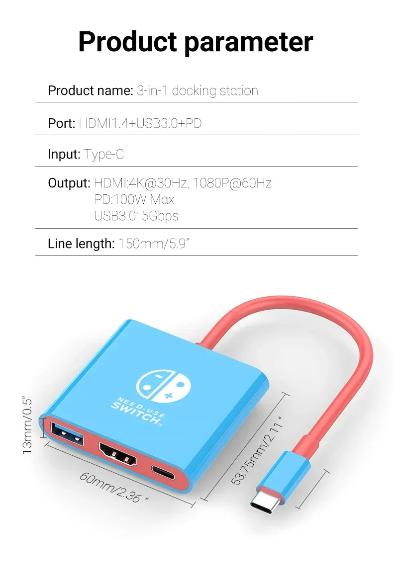 Switch Portable Type-C Docking Station – HDMI & USB 3.0 Hub, Compact Travel & Gaming Adapter