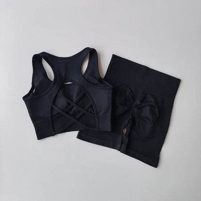 2-Piece Women’s Seamless Yoga Set – Sexy Sport Bra & High-Waist Shorts, Sleeveless Gym Fitness Workout Sportswear