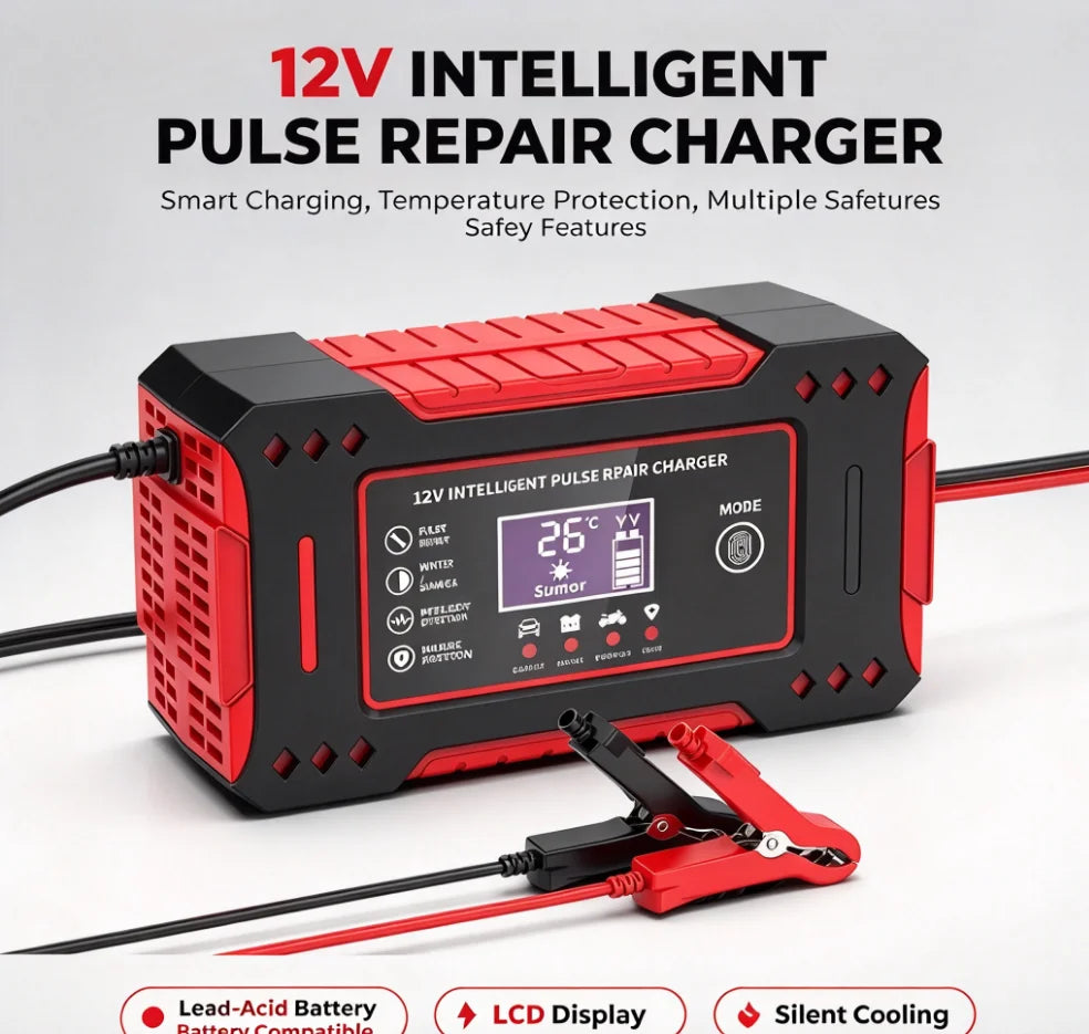6A 12V Smart Battery Charger – Intelligent Car and Motorcycle Lead-Acid Battery Charger with LCD Display and Repair Mode