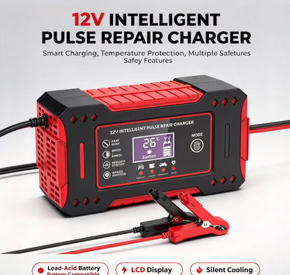 6A 12V Smart Battery Charger – Intelligent Car and Motorcycle Lead-Acid Battery Charger with LCD Display and Repair Mode