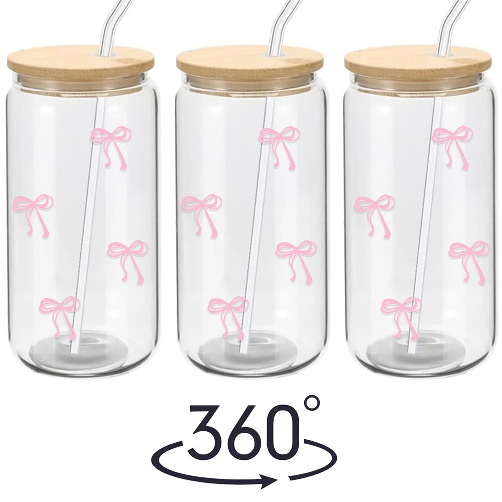 500ml Pink Bow Glass Tumbler with Lid & Straw - Cute Cup for Iced Coffee, Matcha, Smoothies & Juice