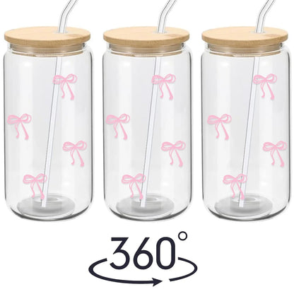 500ml Pink Bow Glass Tumbler with Lid & Straw - Cute Cup for Iced Coffee, Matcha, Smoothies & Juice