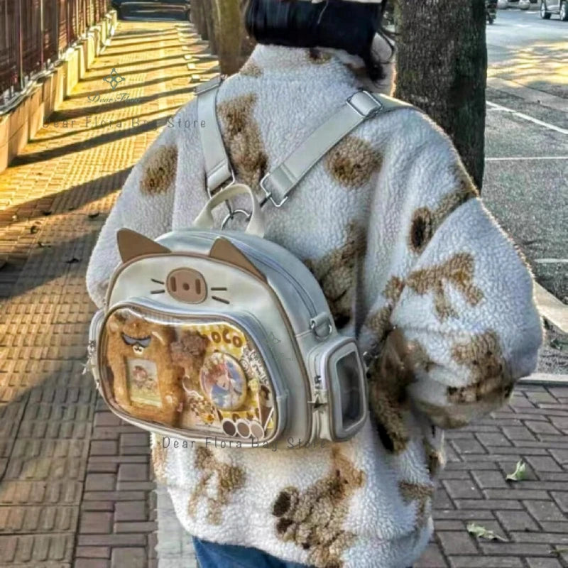 Y2K Korean Kawaii Cat Ita Bag — Cute PU Transparent Shoulder & Crossbody Bag for Girls, Harajuku Style Backpack