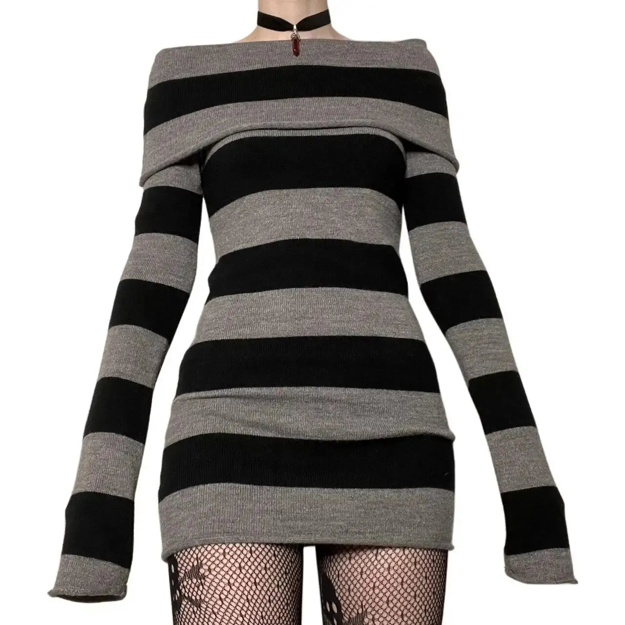 Women’s Striped Mini Bodycon Dress — Boat Neck Off-Shoulder Long Sleeve Hip-Wrapped Party Dress for Spring & Autumn