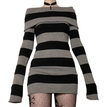 Women’s Striped Mini Bodycon Dress — Boat Neck Off-Shoulder Long Sleeve Hip-Wrapped Party Dress for Spring & Autumn