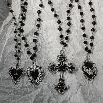Gothic Bat Cross Necklace Set - Y2K Thorn Love Black Beaded Layered Jewelry for Halloween Parties