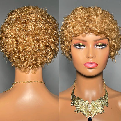 99J Short Curly Pixie Human Hair Wig - Full Machine Made, Affordable Kinky Curls on Clearance