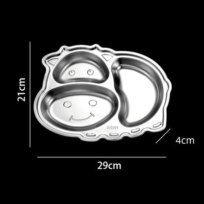 Kids Stainless Steel Dinner Plate - 304 Food Grade Cartoon Divided Plate for Breakfast, Meals, Home & Kindergarten Use