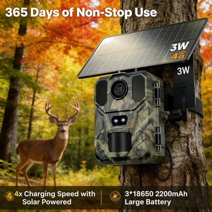 4G Solar Wildlife Trail Camera - 30MP 2K Night Vision Motion Detection Camera with Phone App
