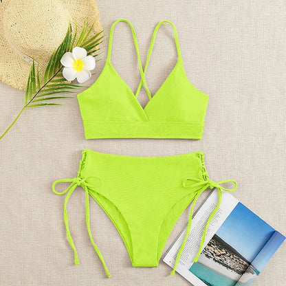 Cikini V-Neck Split Bikini Set – Sexy Lace-Up Triangular Solid Color Swimwear for Women