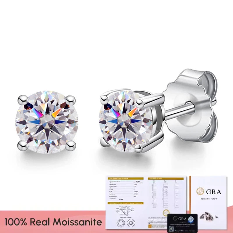 Real Moissanite Diamond Stud Earrings 0.1–3CT – S925 Silver, Platinum Plated Wedding & Bridal Jewelry, GRA Certified