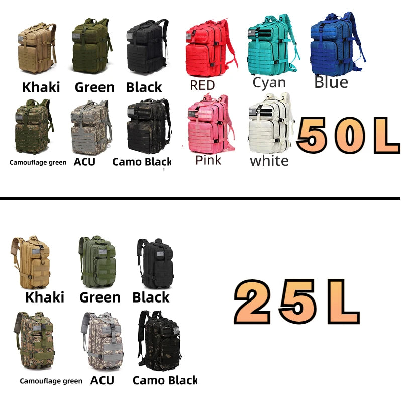 25L/50L Nylon Waterproof Backpack - Outdoor Trekking, Fishing, Hunting, Tactical Sports Rucksack for Camping & Hiking
