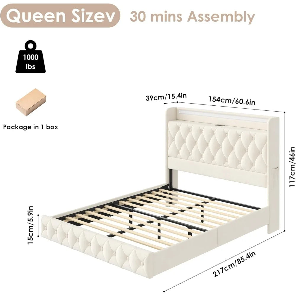 Floating Queen Size Bed Frame – Modern Upholstered Platform Bed with LED Lights, USB Charging Headboard & Velvet Fabric