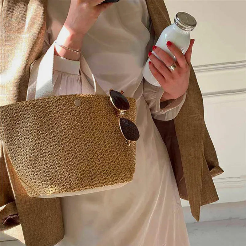 Women’s Bohemian Beach Straw Bag – Handmade Woven Rattan Bucket Shoulder & Crossbody Handbag