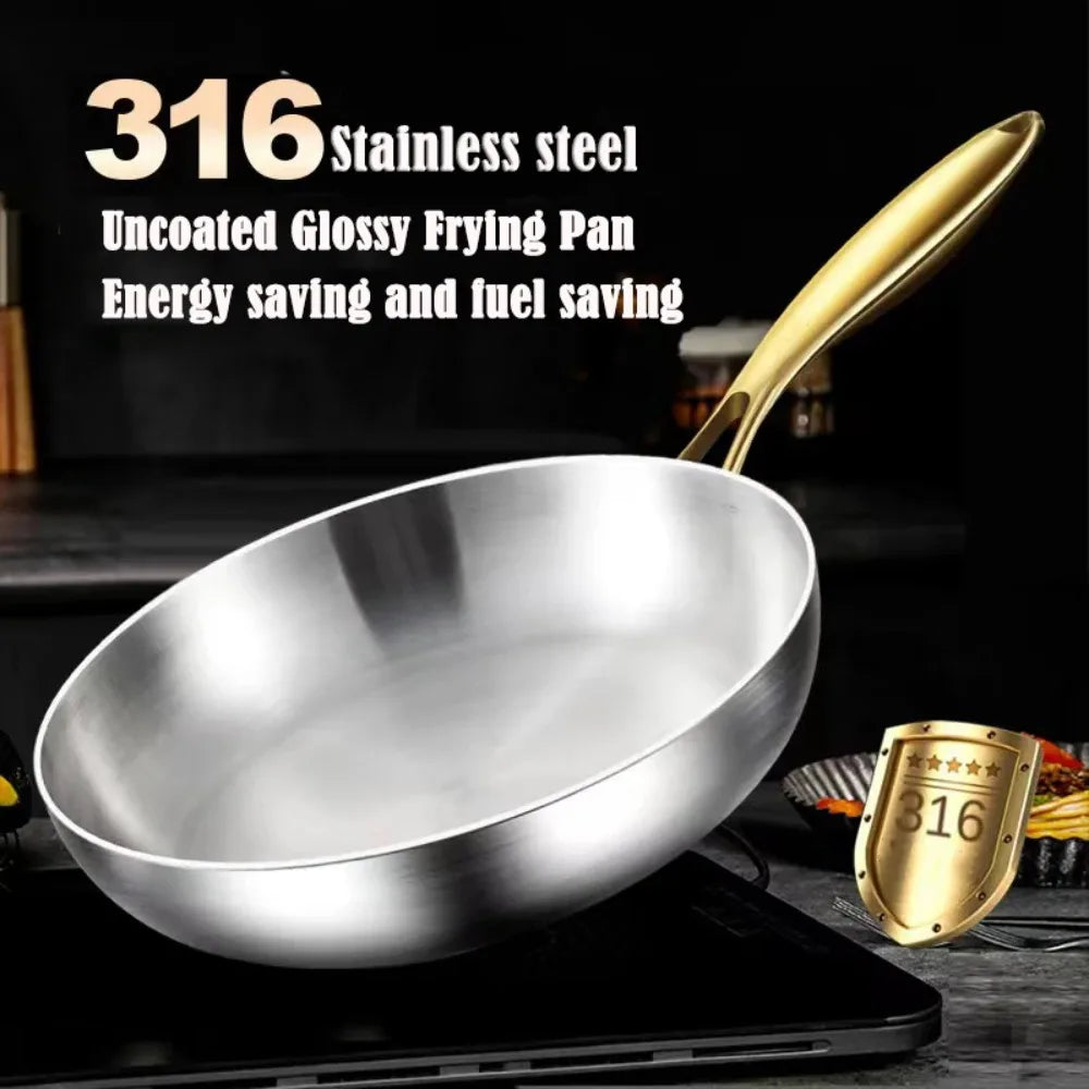 316 Stainless Steel Frying Pan – Uncoated Non-Stick Cooking Pot for Gas & Induction Stoves