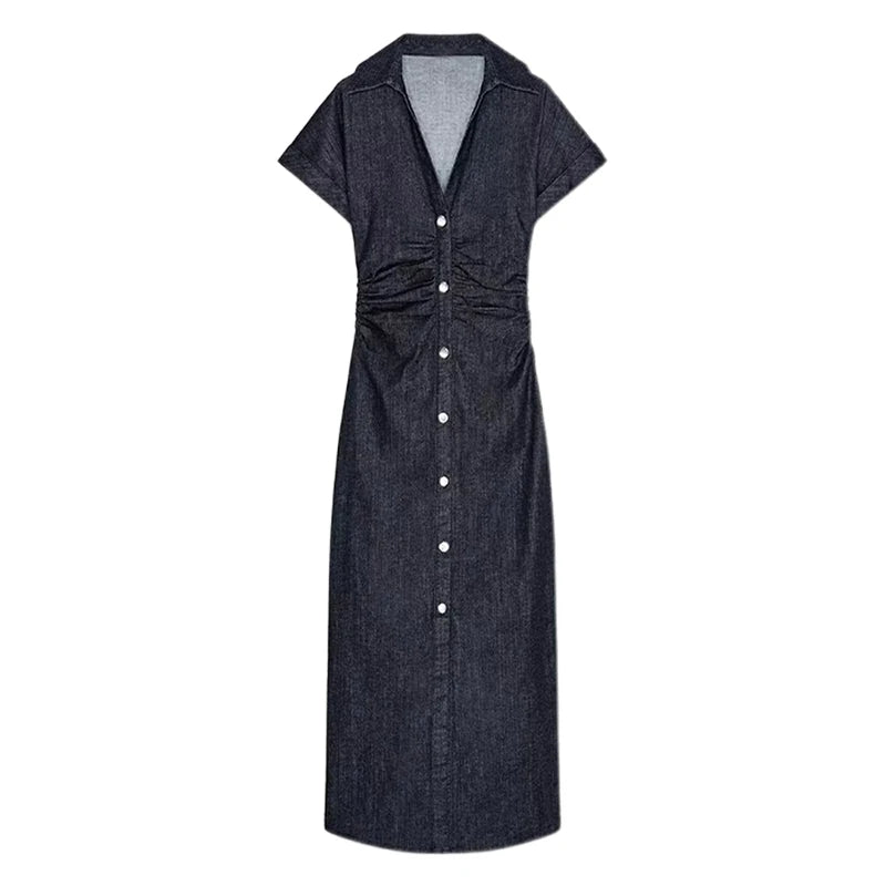 Elegant Pleated Denim Dress for Women – 2025 Chic Slim Fit Lapel Vestido with Short Sleeves & Single-Breasted Design