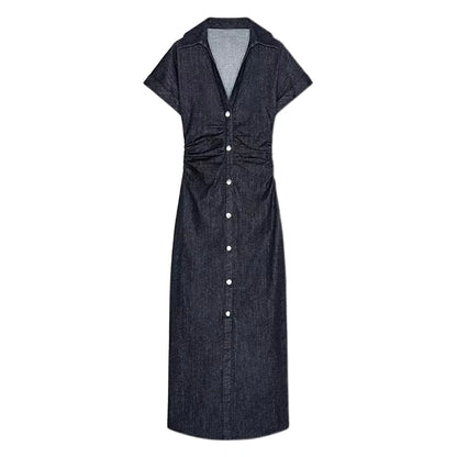 Elegant Pleated Denim Dress for Women – 2025 Chic Slim Fit Lapel Vestido with Short Sleeves & Single-Breasted Design