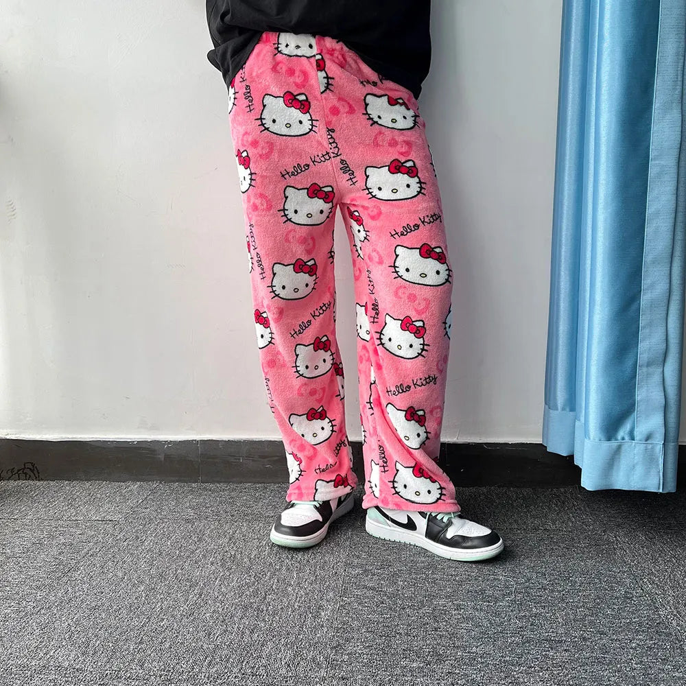 Sanrio Hello Kitty Flannel Pajamas - Women's Warm Woolen Cartoon Casual Home Pants, Black Autumn Winter Fashion Trousers