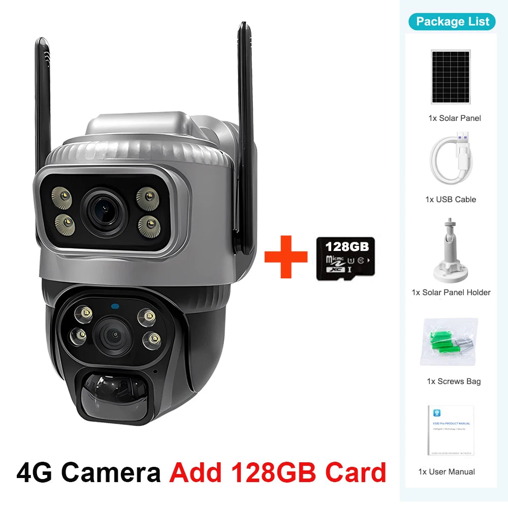 V380 Dual-Lens 4G Security Camera — 8MP 4K Solar IP Cam with PIR Motion Detection, Night Vision, Waterproof, Battery-Powered CCTV Monitor