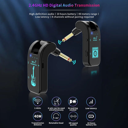 2.4G Wireless Guitar System – Transmitter & Receiver Set for Electric Guitar & Bass, 48K/16bit Real-Time Audio Transmission