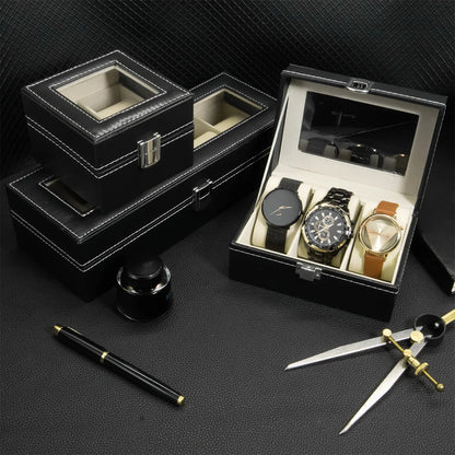 PU Leather Watch Display Box — Glass Top Storage Organizer with Slots for Men’s Watches, Perfect Gift