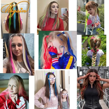 WIGSIN Synthetic Long Straight Rainbow Hair Extension – Colorful Purple Red Blue Hairpiece for Women