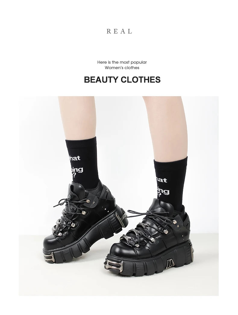 New 2024 Punk Style Women's Platform Shoes – 6CM Lace-Up Rock Boots with Metal Decor