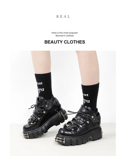 New 2024 Punk Style Women's Platform Shoes – 6CM Lace-Up Rock Boots with Metal Decor