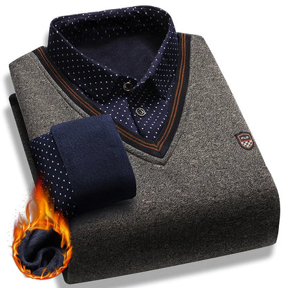 Men's Vintage Plaid Knit Sweater - Warm Fleece Polo Collar Winter Pullover
