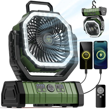 20000mAh Portable Camping Fan — Rechargeable Battery-Powered Outdoor Tent Fan with LED Light, Hanging Hook & 4-Speed Wind
