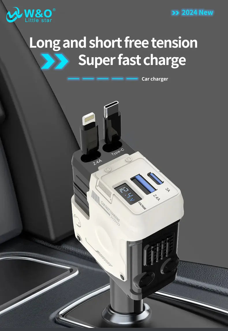 120W Car Charger | 4-in-1 Retractable Cigarette Lighter Adapter with USB Type-C Fast Charging Cable for iPhone & Android