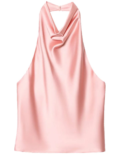 Women's Satin Halter Corset Top – Backless Elegant Sexy Summer Tank Vest in Yellow Pink Black