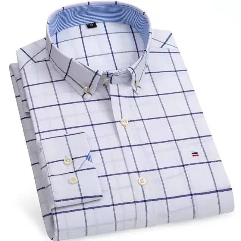 Men’s Checkered Oxford Shirt - Long Sleeve Cotton Button Down Gingham Top with Single Pocket 6XL-7XL