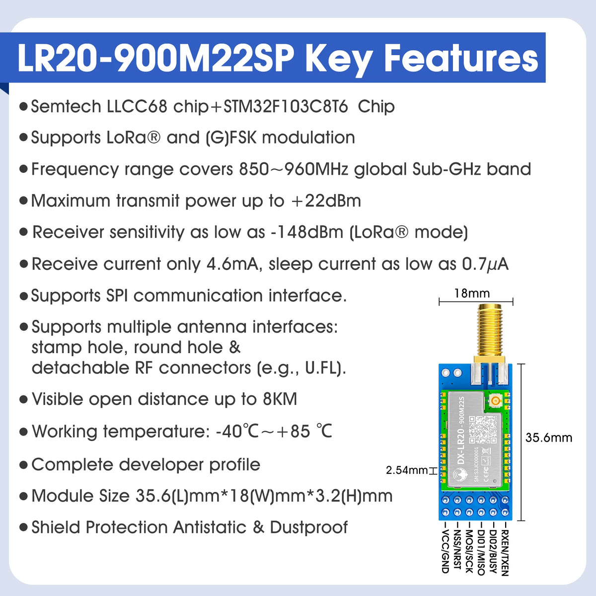 LLCC68 LoRa Wireless Module - DX-LR20 22dBm Long-Range SMD RF Module for 433/475/868/915MHz Frequencies