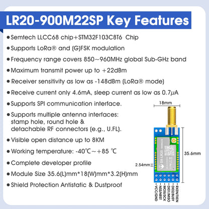 LLCC68 LoRa Wireless Module - DX-LR20 22dBm Long-Range SMD RF Module for 433/475/868/915MHz Frequencies