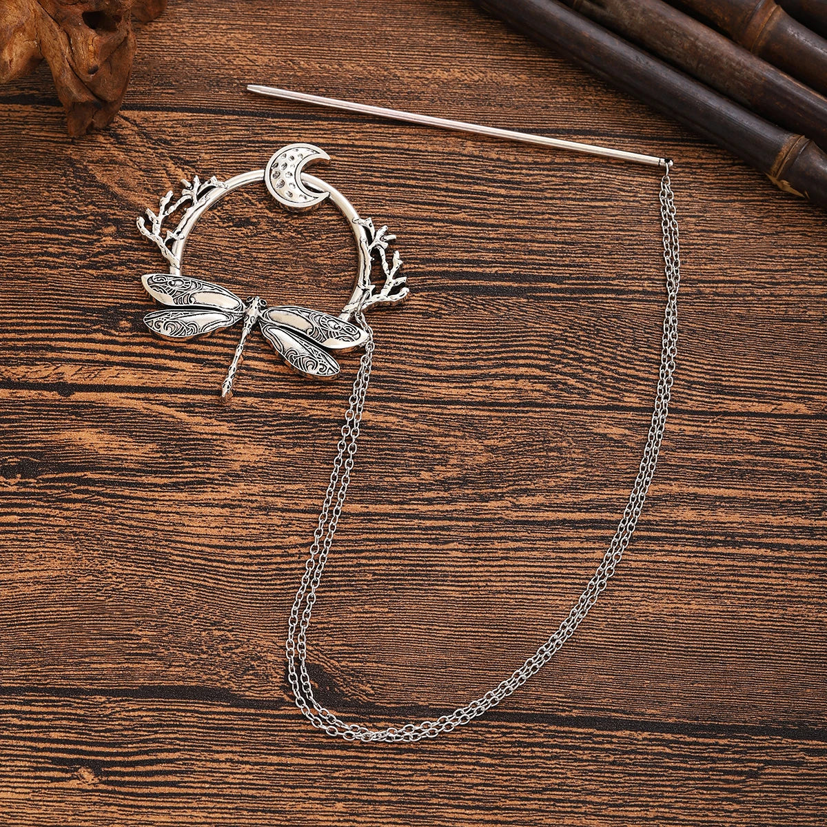 Viking Dragonfly Moon Hairpin - Retro Scandinavian Branch Hair Accessory for Women