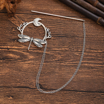 Viking Dragonfly Moon Hairpin - Retro Scandinavian Branch Hair Accessory for Women