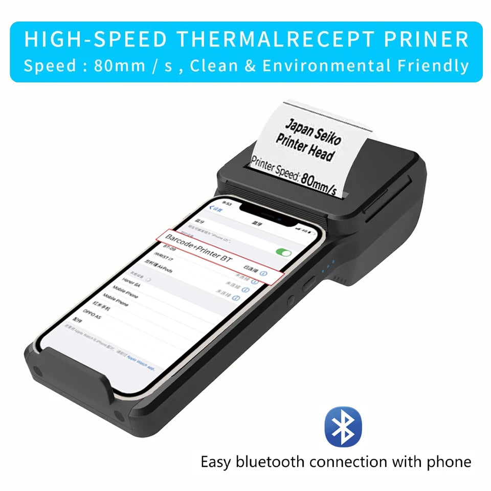 58mm Thermal Printer & 2D Bluetooth Scanner - 2-in-1 Mobile Back Clip with 7.4V 3000mAh Battery