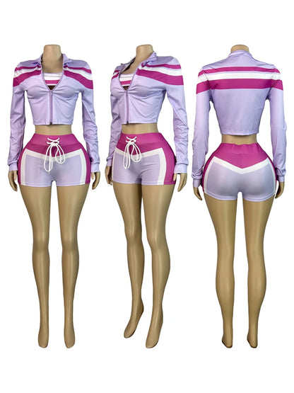 2025 Trending Women’s Summer 3-Piece Tracksuit – Color Block Sports Bra, Jacket & Shorts Gym Workout Set