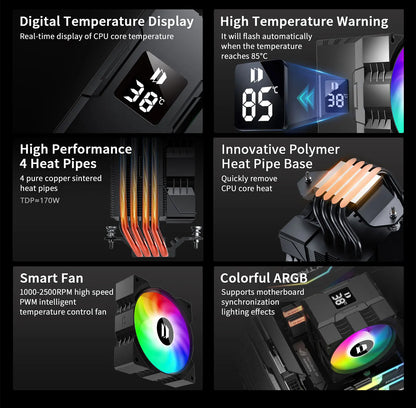 UPSIREN Walrus Assassin 90 CPU Cooler — 4 Heatpipe Air Cooler with 92mm Fan & Digital Display for Intel LGA1700/1200 & AMD AM4/AM5