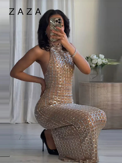 Zaza Chic Elegant Shiny Maxi Dress – Sleeveless High Neck Slim Fit Party Dress for Women
