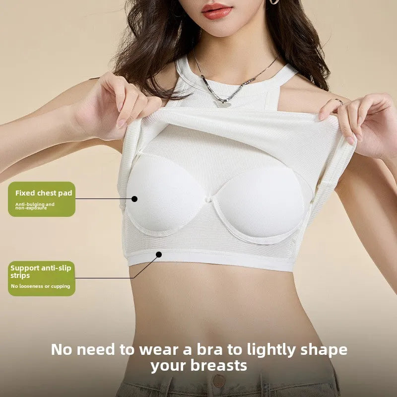 Women’s Threaded Halter Neck Camisole Top – Built-in Bra Slim Fit Elastic Breathable Sling Tank Top with Fixed Cups Underwear Style Basic Wear
