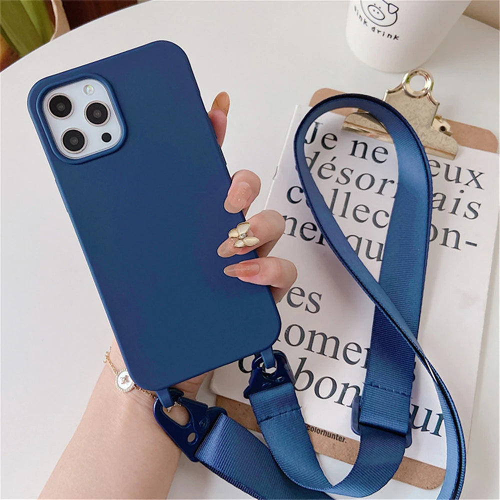 Crossbody Necklace Strap Silicone Case - Matte Shockproof Phone Cover for iPhone 17, 16, 15, 14 Pro Max & More