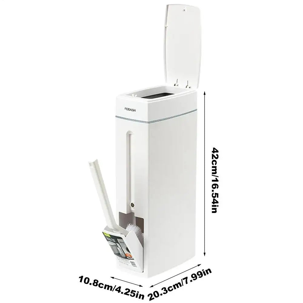 Bathroom Trash Can & Toilet Brush Combo - Space-Saving Slim Garbage Bin with Lid