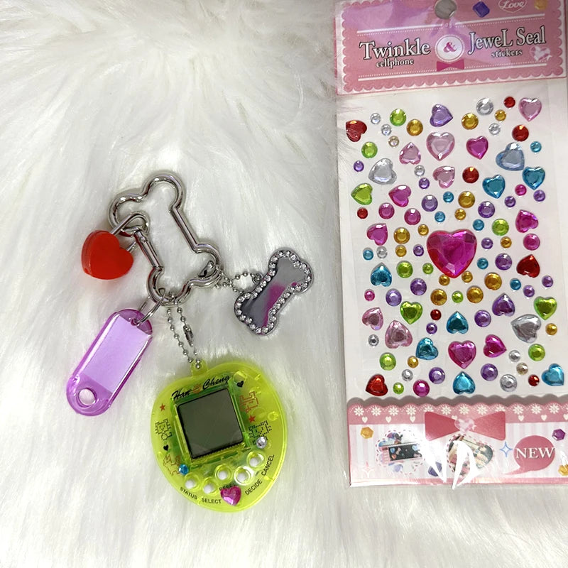 Korean Fashion Rainbow Game Console Keychain — Kawaii Harajuku Y2K Crystal Heart Lock DIY Bag Pendant Charm, Vintage Style